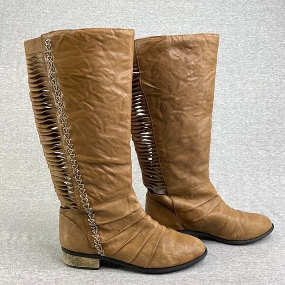 Very Volatile Boots Womens 6.5 Tan Brown Leather Riding Tall Cut Out - Picture 8 of 11